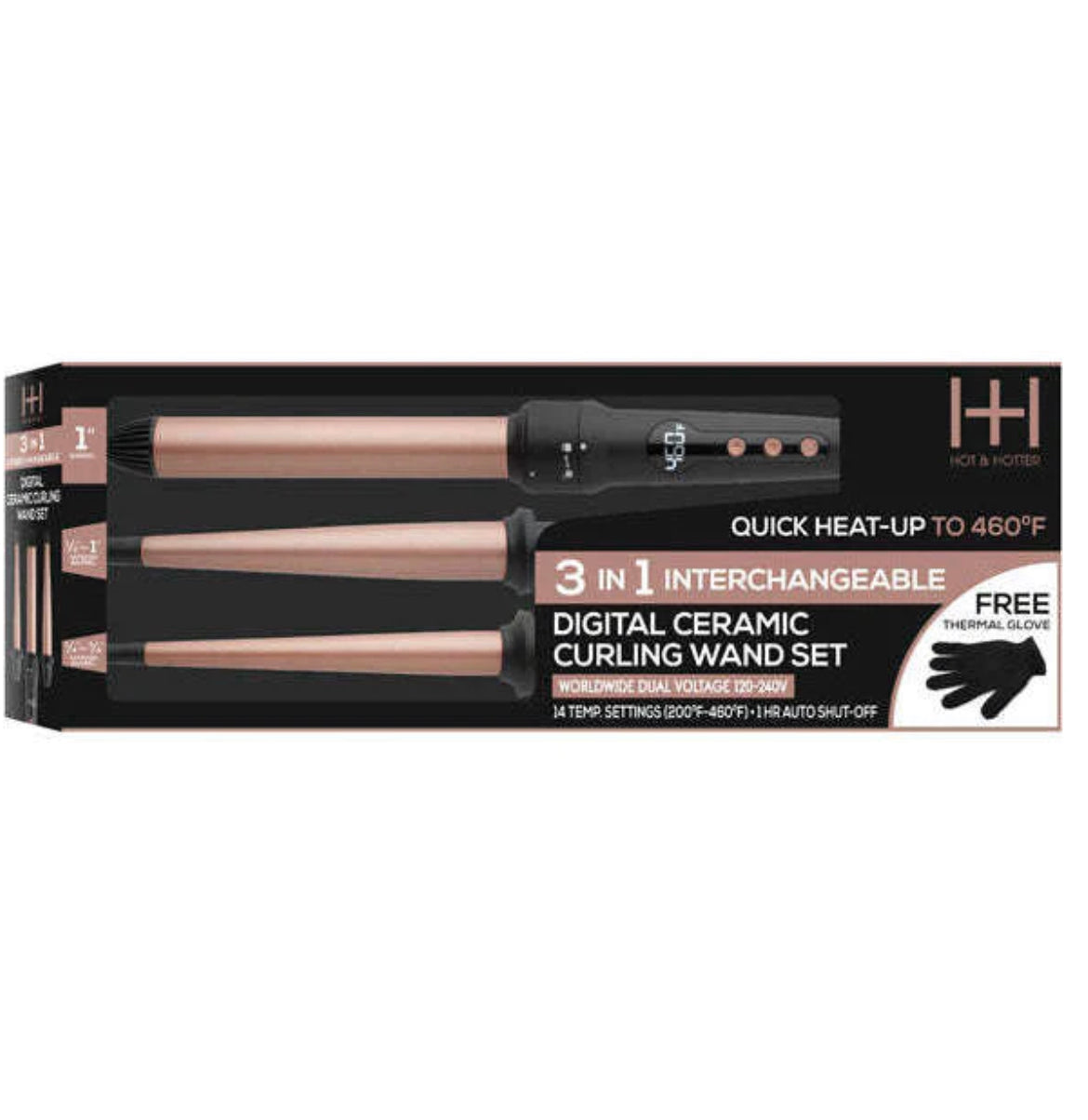 HOT & HOTTER 3 IN 1 INTERCHANGEABLE DIGITAL CURLING WAND SET